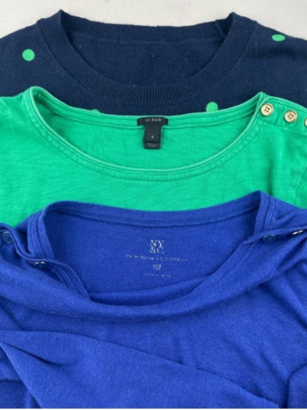 Lot of 3 Women's Sz Small Solid Green & Purple, Navy Blue Polka Dot T-Shirt